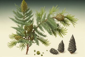Evergreen tree with cones and needle/scale-like leaves. Generative AI