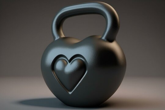 Heart-shaped kettlebell made of vinyl material, presented in 3D render. Generative AI