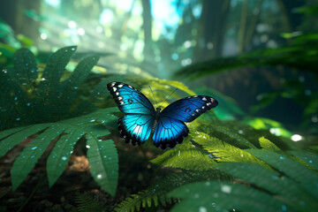 beautiful color butterfly in an exotic forest. colorful tropical background. bright butterfly on green fern leaves. Generative AI