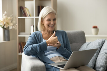 Cheerful senior therapist woman speaking on online conference video call on laptop at home, using hand sign language, talking to patient with hearing disability, deafness, smiling, laughing