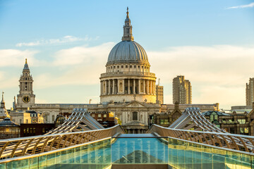 Millennium Bridge and St Paul's Cathedral in London in the morning