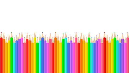 Fototapeta premium Colorful realistic pencils border. Rainbow colored crayons in a line. Png clipart isolated on transparent background