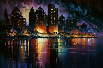 Fototapeta na wymiar Colorful nighttime cityscape painting. Generative AI