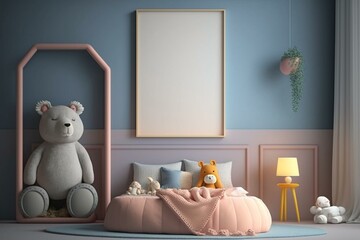 A vertical frame mockup in a children's bedroom with a bed and stuffed animals, created using 3D rendering technology. Generative AI