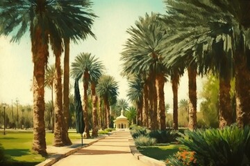 Fototapeta na wymiar Impressionist park landscape with tall palm tree walkway. Generative AI