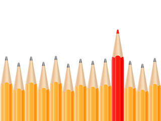 Line of simple pencils and one red pencil. Standing out of the crowd, being special, success concept. Png clipart isolated on transparent background