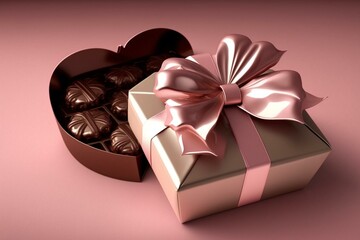 Box of chocolates with bow, on pink with flower shadow. Generative AI