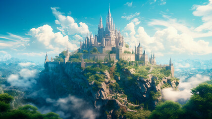 Fototapeta premium fantasy castle on a hill with a forest in the background. Generative AI illustrator