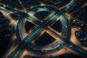 Nighttime aerial view of expressway intersection, bustling city traffic, advanced innovation and finance. Generative AI
