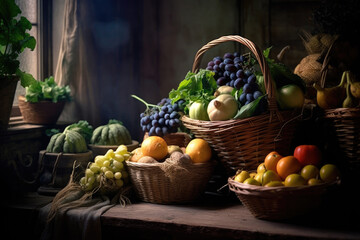 Obraz na płótnie Canvas fresh organic vegetables and fruits in a nostalgic moody atmosphere