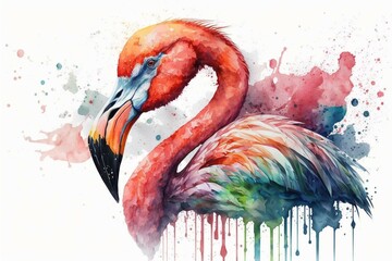Flamingo in watercolor with a splash of colors. Artistic rendition of a bird. Generative AI