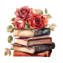Vintage old stack of books in different colors and bouquet with red roses. World book day concept.  Watercolor style. AI generative