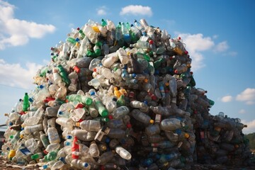 Stack of plastic bottles for recycling against blue sky. Plastic bottles and containers prepared for recycling. bottle pet plastic prepare to recycle. Made With Generative AI.