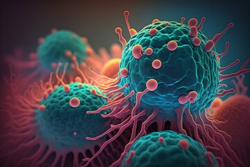 Closeup view of malignant cancer cells under microscope, causing immune disease. Chemotherapy reaction. Medical background. Generative AI