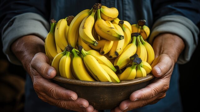 Hands Holding A Bunch Of Bananas. Banana Close-up Shot. Farmer Picking Bananas. The Person Holding Bananas In His Hands. 