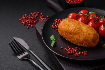 Delicious baked potato cutlet stuffed with chicken and vegetables, spices and salt