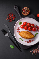 Delicious baked potato cutlet stuffed with chicken and vegetables, spices and salt