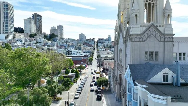 Close up of Saints Peter and Paul Church pan up to church steeples