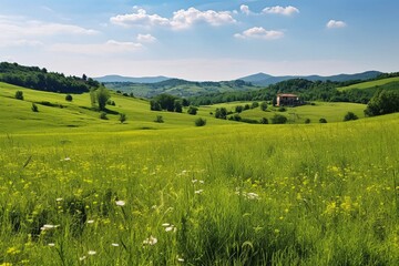 Idyllic landscape with fresh green meadows. Idyllic countryside.