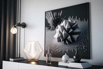 Close up poster in trendy room, 3D. Generative AI