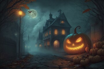 Fototapeta na wymiar Spooky Halloween scenery with scary pumpkin, creepy street, foggy town, and autumnal gloom. Perfect outdoor backdrop for happy Halloween! Illu. Generative AI