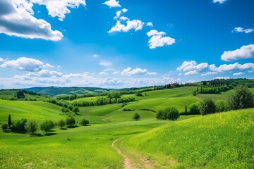 Fototapeta na wymiar Idyllic landscape with fresh green meadows. Idyllic countryside.