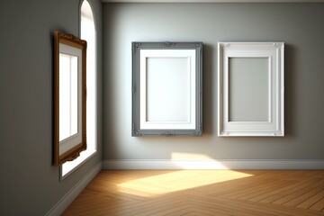 3D rendered empty picture frames on parquet floor against bright wall. Generative AI