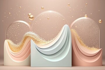 3D sparkling pastel wave with bling bubble podium for product promotion. Dreamy and luxurious abstract background mockup. Generative AI