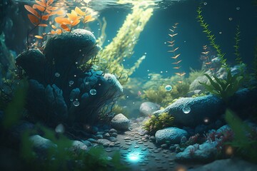Naklejka na ściany i meble Discovering the mysteries of a magical forest in high-detail with Unreal Engine 5 & wide-angle bokeh in an underwater paradise. Generative AI