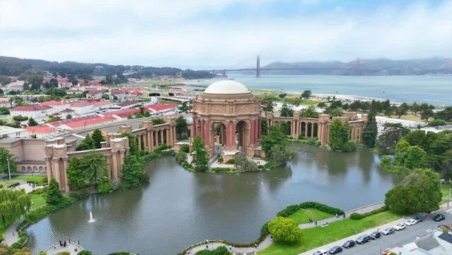 Arc aerial around Palace of Fine Arts in San Francisco