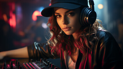 young female dj using a mixer to dj on a nightclub.generative ai