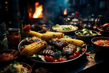 delicious grilled corn with vegetables and spices on the table