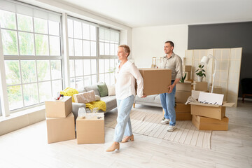 Fototapeta na wymiar Mature couple carrying cardboard box in room on moving day
