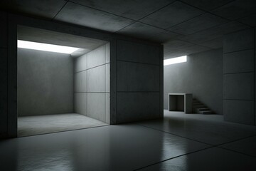 A dim concrete room with ambient lighting. Generative AI