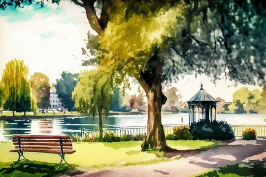 Watercolor of a vibrant Amsterdam park and lake with an oil painting effect. Generative AI
