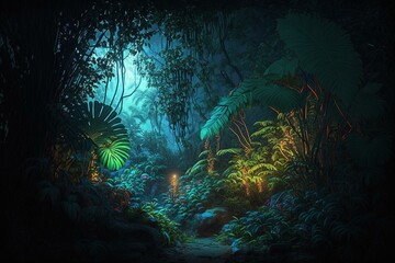 Enchanted jungle at night with an otherworldly glow. Generative AI