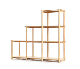 Stylish wooden shelving unit on white background