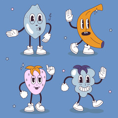 A collection of four fruit characters in a groovy style. Vector set on a blue background with cartoon images of banana, strawberry, blueberry and lime in the style of 70-80s.
