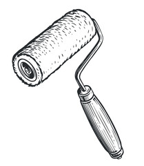 Round roller paint brush with a handle. Sketch vintage vector illustration