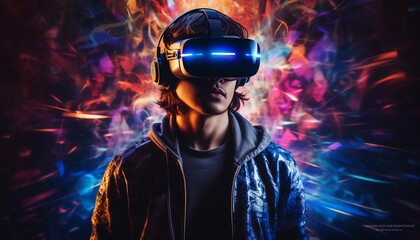 A boy immersed in a virtual reality experience, his eyes hidden behind a VR headset, and surrounded by an explosion of vibrant colors, energy, and special effects. VR technology (Generated with AI)