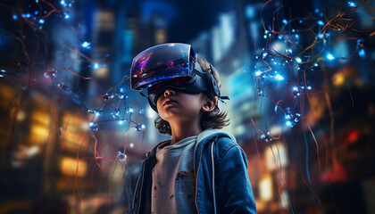 A boy immersed in a virtual reality experience, his eyes hidden behind a VR headset, and surrounded by an explosion of vibrant colors, energy, and special effects. VR technology (Generated with AI)