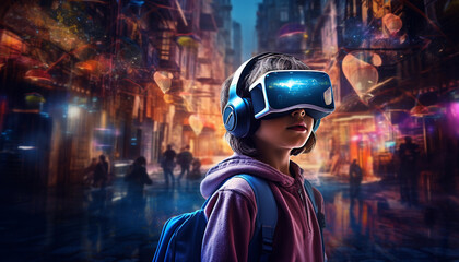 A boy immersed in a virtual reality experience, his eyes hidden behind a VR headset, and surrounded by an explosion of vibrant colors, energy, and special effects. VR technology (Generated with AI)