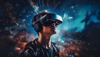 Man immersed in a virtual reality experience, his eyes hidden behind a VR headset, and surrounded by an explosion of vibrant colors, energy, and special effects. VR technology (Generated with AI)