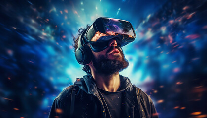 Man immersed in a virtual reality experience, his eyes hidden behind a VR headset, and surrounded by an explosion of vibrant colors, energy, and special effects. VR technology (Generated with AI)