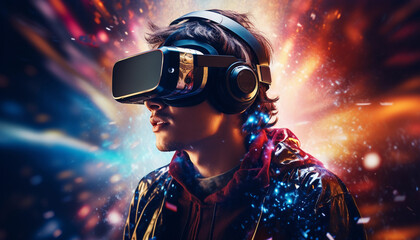 Man immersed in a virtual reality experience, his eyes hidden behind a VR headset, and surrounded by an explosion of vibrant colors, energy, and special effects. VR technology (Generated with AI)