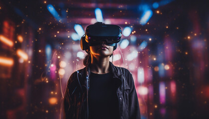 A girl immersed in a virtual reality experience, his eyes hidden behind a VR headset, and surrounded by an explosion of vibrant colors, energy, and special effects. VR technology (Generated with AI)