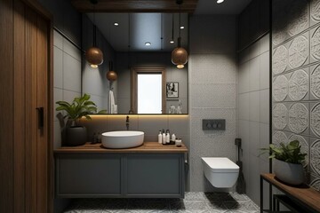 Fototapeta na wymiar Chic gray bathroom with tiles and wood-inspired design. Generative AI