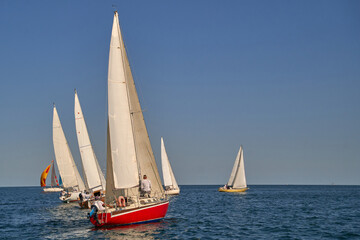 Fototapeta na wymiar Sailing yacht regatta. Many sailing yachts in a row. sailing yachts under gennaker, speaker, genoa