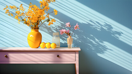 Beautiful still life with plants in a vase on a table by the wall. Flowers in interior design - AI generated
