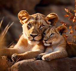 Lioness cuddles with her young cub - AI generated
 - obrazy, fototapety, plakaty